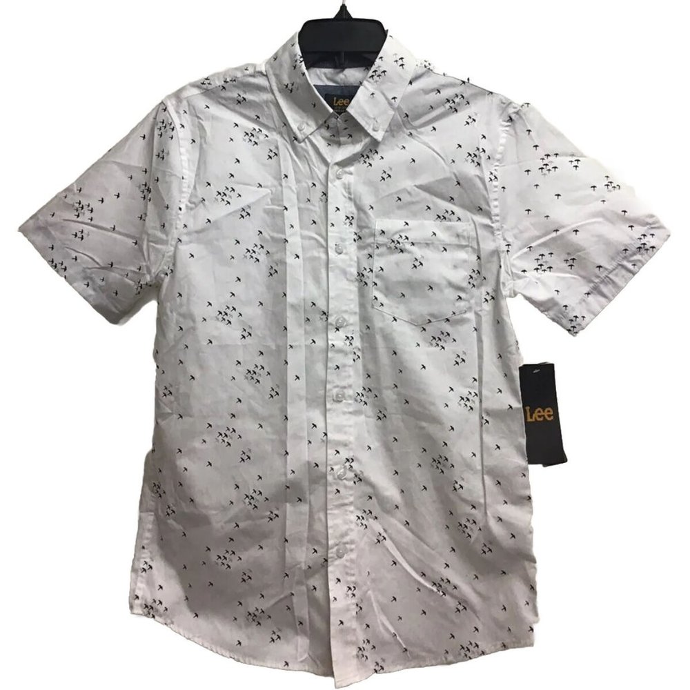 Lee Button Up Shirt Youth White Casual Pocket Classic Fit Stamped Birds Boys, S
